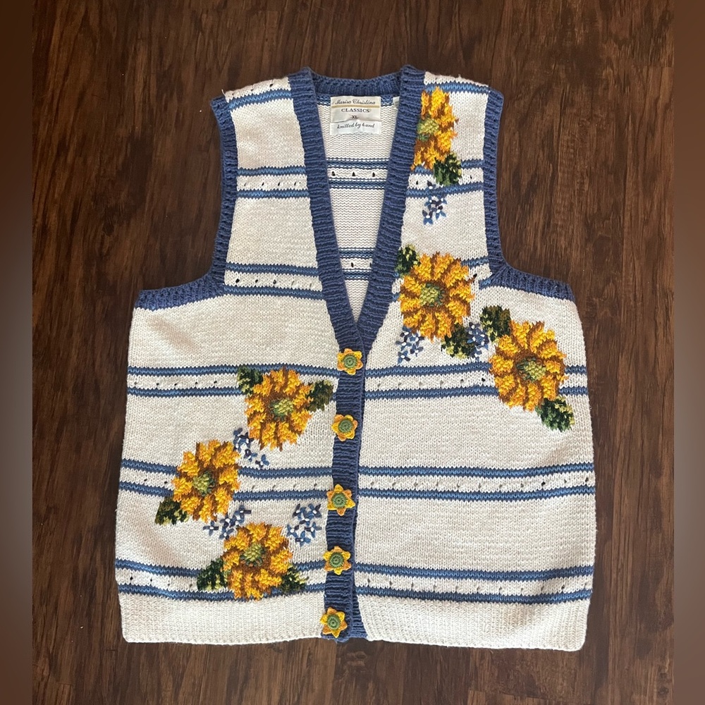 Vintage Marisa Christina hand knit sunflower vest size XL white yellow cardigan